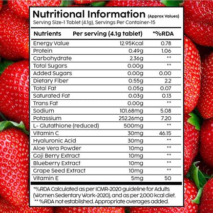 PLIX - Glutathione Effervescent Tablets for Clear, Glowing & Youthful Skin Glutathione, Vit E & Hyaluronic Acid No Maltodextrin, No Sugar (15 tabs) Strawberry 500mg