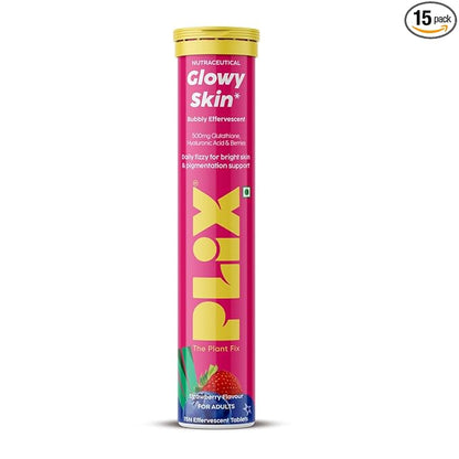 PLIX - Glutathione Effervescent Tablets for Clear, Glowing & Youthful Skin Glutathione, Vit E & Hyaluronic Acid No Maltodextrin, No Sugar (15 tabs) Strawberry 500mg