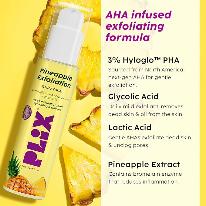 PLIX - THE PLANT FIX Pineapple PHA 3% Alcohol Free Face Toner Pore Tightening & Mild Exfoliation for Oily, Acne Prone, Sensitive & Normal Skin Hydrating Face Toner for Glowing Skin (150ml)