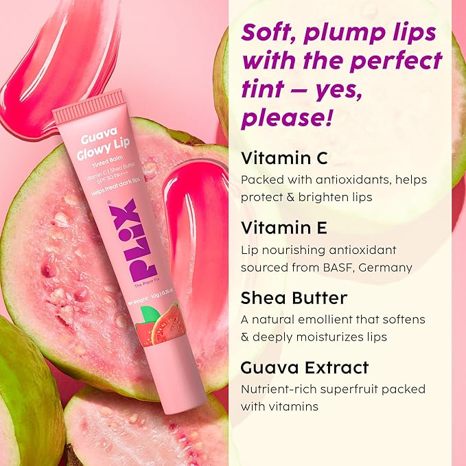 Plix Guava Glowy Lip Tinted Balm Shea Butter & Vitamin E for Soft Lips SPF 30 PA+++ Sun Protection 10g