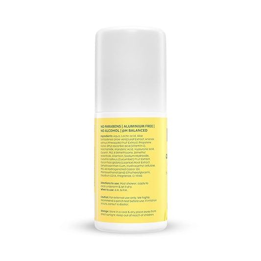 Plix Pineapple Odour Control Underarm Roll-On With 5% Lactic Acid & 1% Mandelic Acid, Prevents Body Smell, Brightens Skin & Exfoliates Underarm, Alcohol Free - Lotion (50Ml)