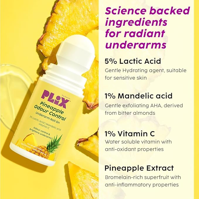 Plix Pineapple Odour Control Underarm Roll-On With 5% Lactic Acid & 1% Mandelic Acid, Prevents Body Smell, Brightens Skin & Exfoliates Underarm, Alcohol Free - Lotion (50Ml)