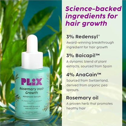 Plix Rosemary Hair Growth Serum with 3% Redensyl, 4% AnaGain, 3% Baicapil, Stimulates Hair Growth, Increase Hair Density & Thickens Hair 30ml