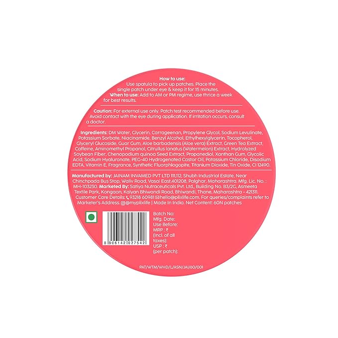 Plix Watermelon Hydrogel Under Eye Patches for Dark Circles & Puffiness Reduction Caffeine & Hyaluronic Acid Eye Patches Instantly Hydrates & Cools 60 Patches
