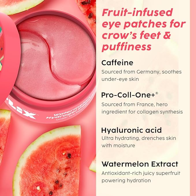 Plix Watermelon Hydrogel Under Eye Patches for Dark Circles & Puffiness Reduction Caffeine & Hyaluronic Acid Eye Patches Instantly Hydrates & Cools 60 Patches
