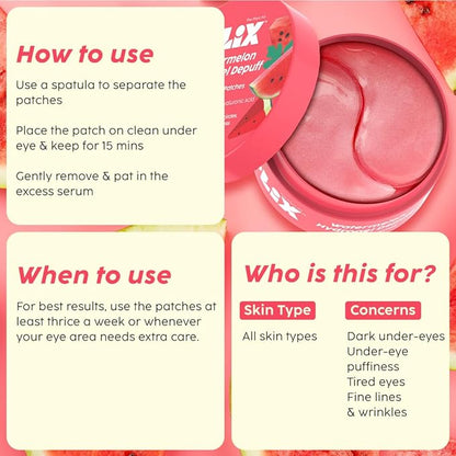 Plix Watermelon Hydrogel Under Eye Patches for Dark Circles & Puffiness Reduction Caffeine & Hyaluronic Acid Eye Patches Instantly Hydrates & Cools 60 Patches
