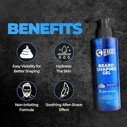 Beardo Beard Shaping Gel, 200ml | 3riple Action Transparent Shaving Gel for Men | Shaving gel with Anti-Redness, Calming, Intense Cooling | Suitable for Sensitive Skin